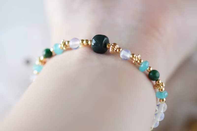 晴雨。阿拉善 蛋白石 天河石 鉻雲母 14KGP 天然石水晶 手鍊