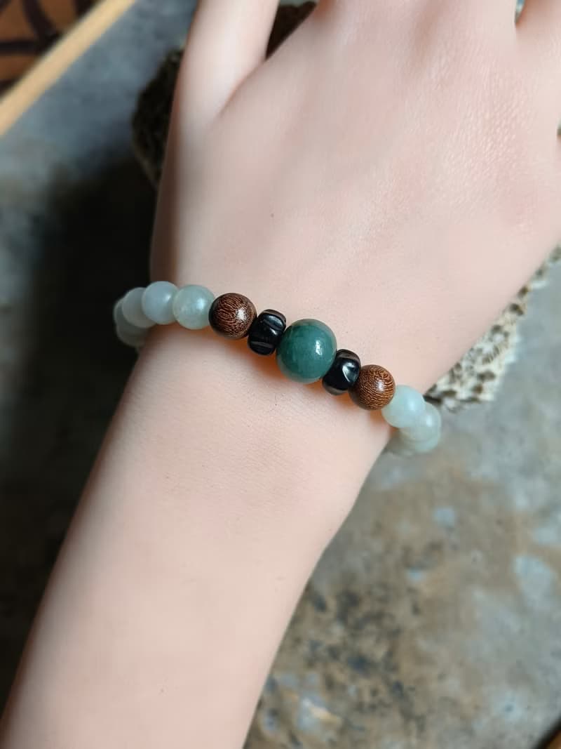 天然緬甸翡翠飄花鼓珠 桶珠 無拋光圓珠 檀木珠椰蒂珠手串手鍊