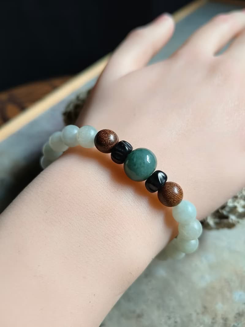 天然緬甸翡翠飄花鼓珠 桶珠 無拋光圓珠 檀木珠椰蒂珠手串手鍊
