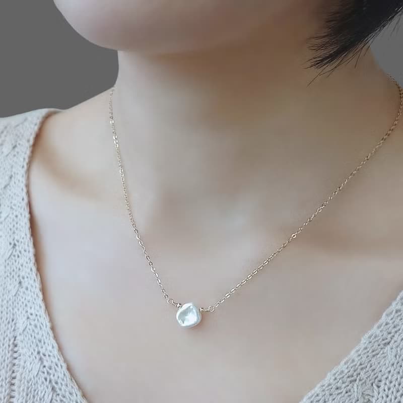 巴洛克不規則淡水珍珠 碎銀形 花瓣形  14Kgf 包金 裸感項鍊