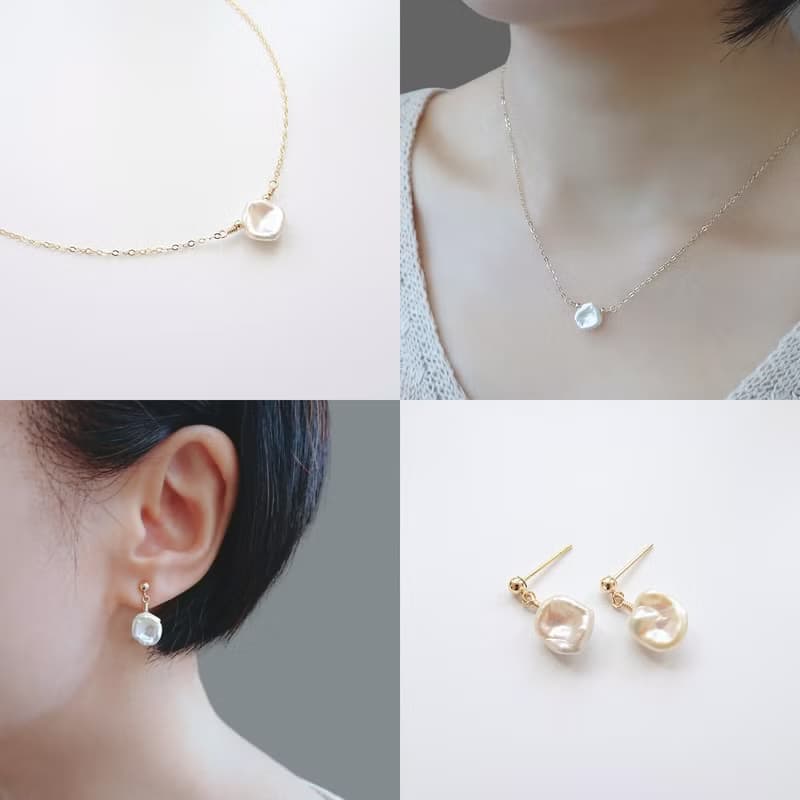 巴洛克不規則淡水珍珠 碎銀形 花瓣形  14Kgf 包金 裸感項鍊