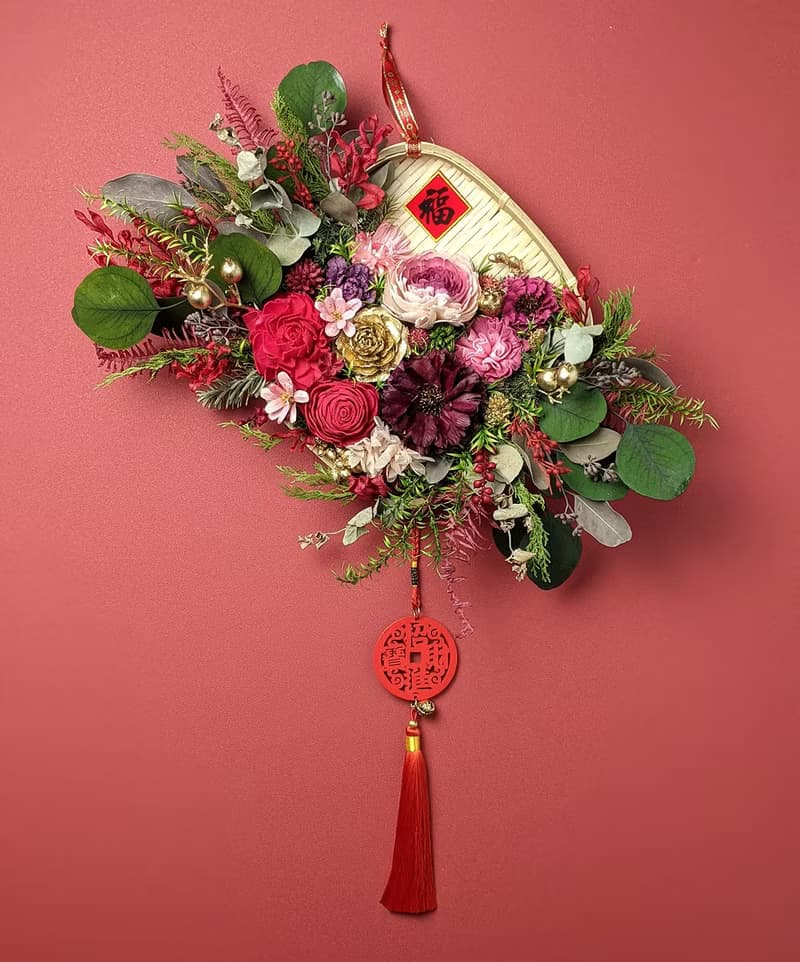 乾燥花招福開運米篩春聯掛飾-桃紅大氣款 復古中國風