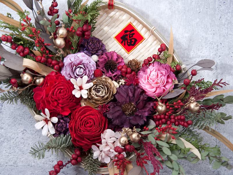 乾燥花招福開運米篩春聯掛飾-桃紅大氣款 復古中國風