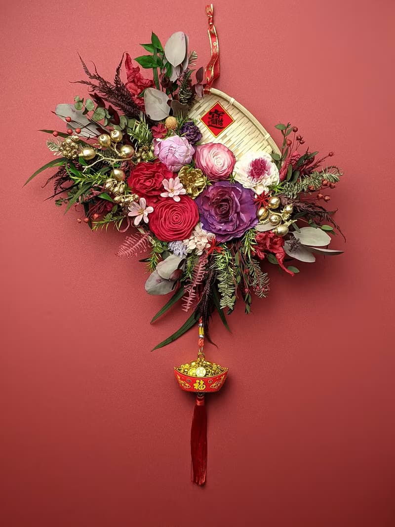 乾燥花招福開運米篩春聯掛飾-桃紅大氣款 復古中國風