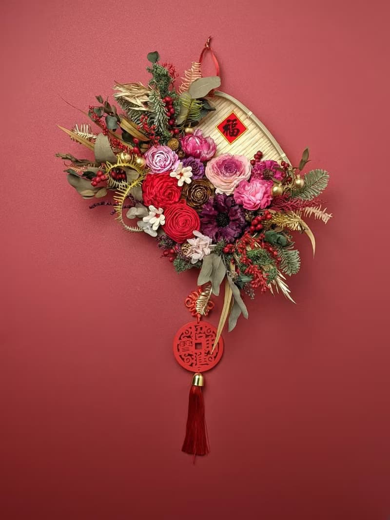 乾燥花招福開運米篩春聯掛飾-桃紅大氣款 復古中國風