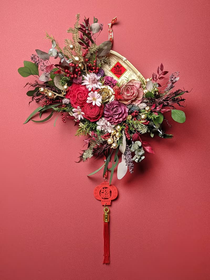 乾燥花招福開運米篩春聯掛飾-桃紅大氣款 復古中國風