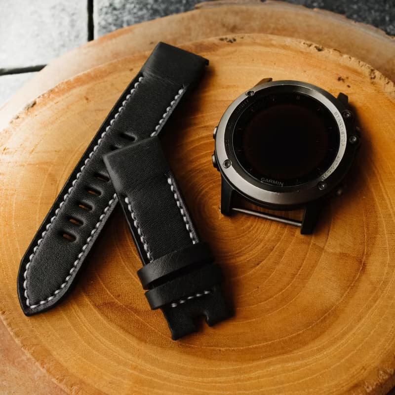 Garmin Watch Black Leather Strap With Quickfit Garmin Connector