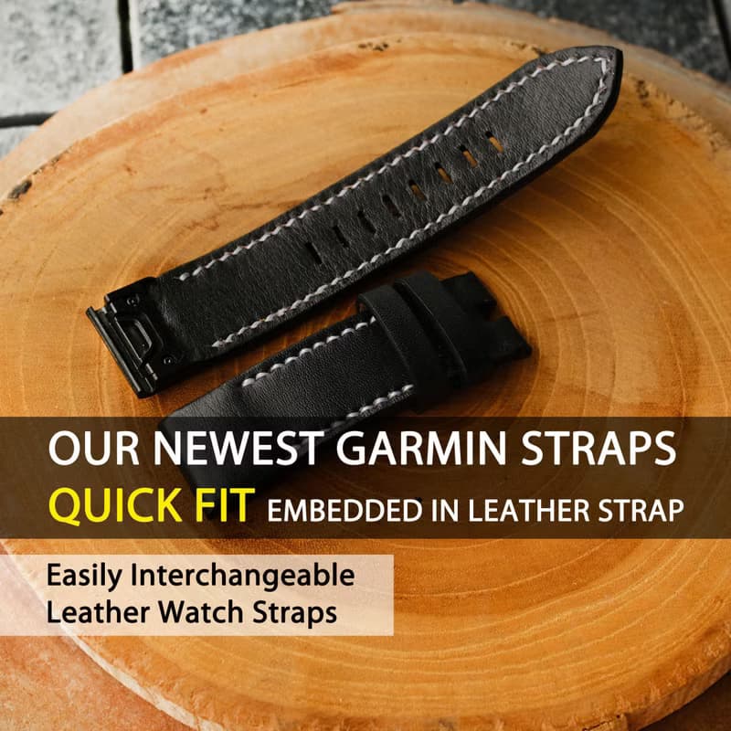 Garmin Watch Black Leather Strap With Quickfit Garmin Connector