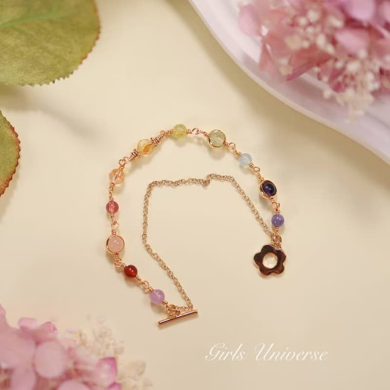 淺嚐花蜜。沙弗萊石 黃水晶 坦桑石 14K包金 水晶礦石設計手鍊