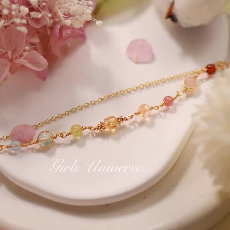 淺嚐花蜜。沙弗萊石 黃水晶 坦桑石 14K包金 水晶礦石設計手鍊