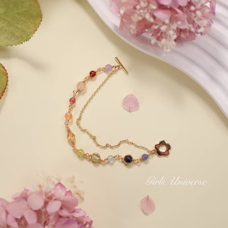 淺嚐花蜜。沙弗萊石 黃水晶 坦桑石 14K包金 水晶礦石設計手鍊