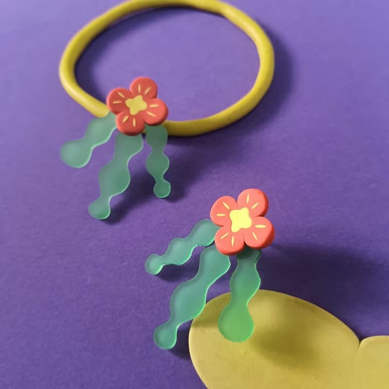 喫花女子系列 耳環 - 半透明 壓克力 貼耳 紅色花朵 耳針 耳夾