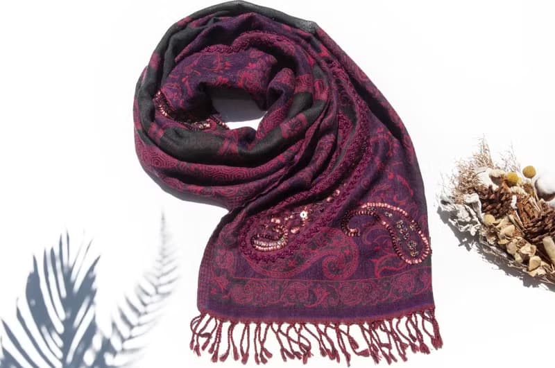 喀什米爾Cashmere/水煮羊毛披肩/針織圍巾/刺繡圍巾/羊絨披巾-花