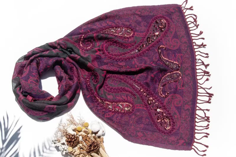 喀什米爾Cashmere/水煮羊毛披肩/針織圍巾/刺繡圍巾/羊絨披巾-花