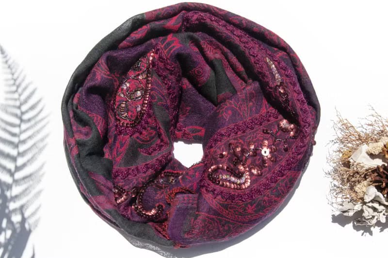喀什米爾Cashmere/水煮羊毛披肩/針織圍巾/刺繡圍巾/羊絨披巾-花