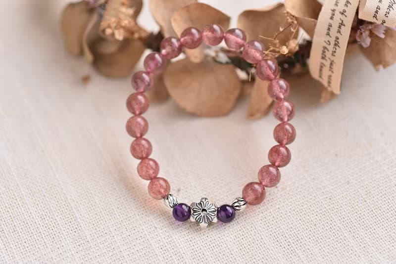 深色閃耀草莓晶+紫水晶純銀花朵手鍊