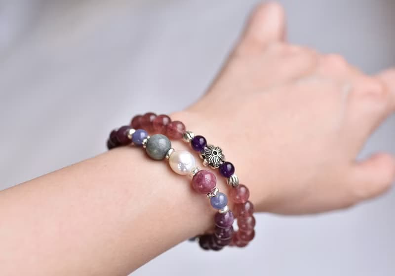 深色閃耀草莓晶+紫水晶純銀花朵手鍊