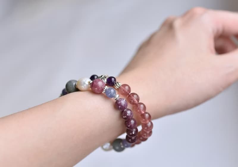 深色閃耀草莓晶+紫水晶純銀花朵手鍊