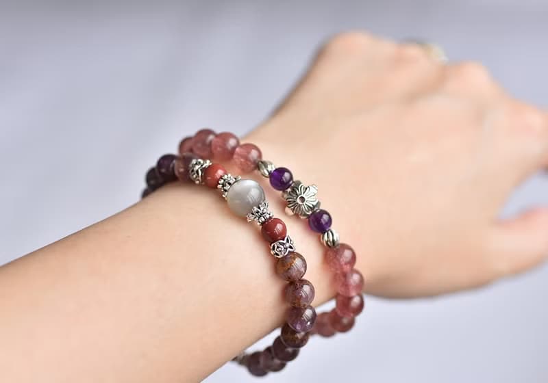 深色閃耀草莓晶+紫水晶純銀花朵手鍊