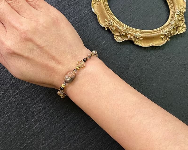 黑金骨幹 白水晶 黑髮晶 黑曜石 黑金骨幹貔貅 編織感黃銅手鍊