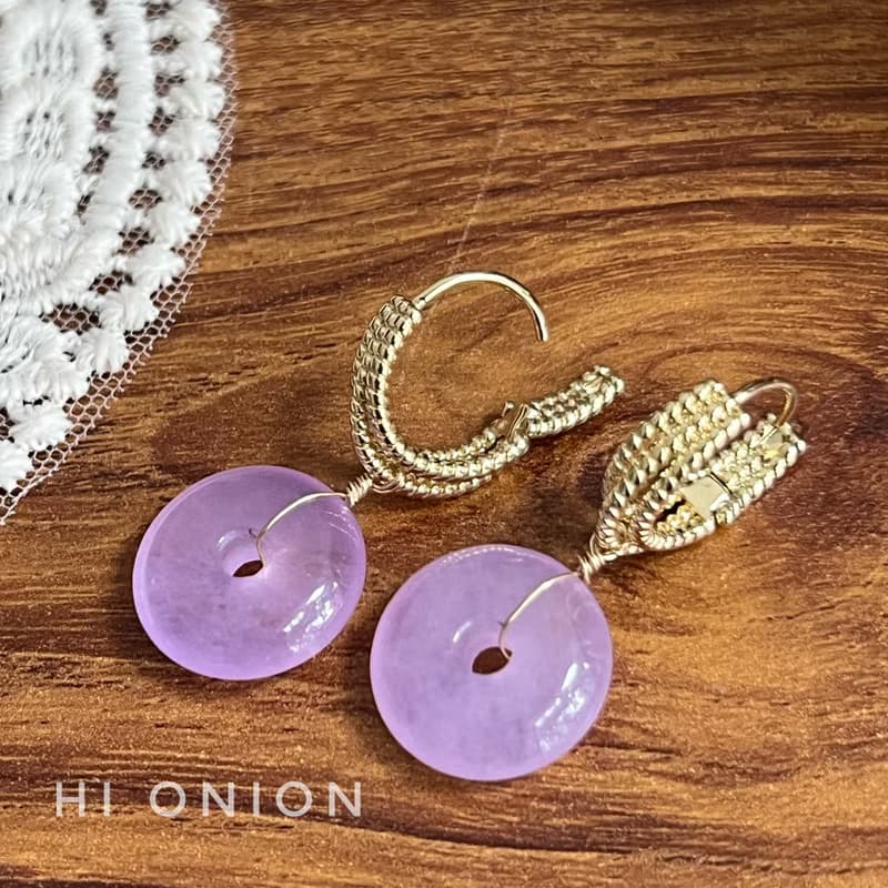 Hi onion小眾紫色翡翠玉石耳扣銅鍍金新中式復古國風耳環耳夾