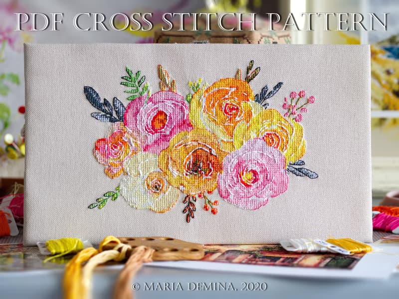 【數位】Colors Of Autumn Watercolor Bouquet PDF cross stitch pattern