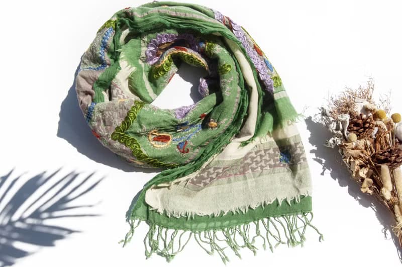 喀什米爾Cashmere/水煮羊毛披肩/針織圍巾/刺繡圍巾/羊絨披巾-花