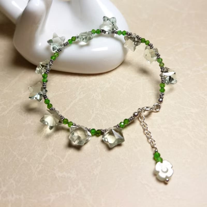手鍊 綠紫晶 水晶 綠鉻透輝石 星星造型立體雕刻 玉片 925銀飾