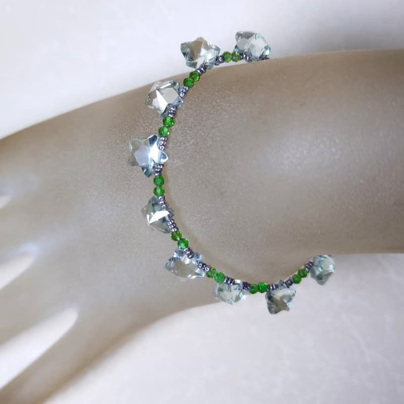 手鍊 綠紫晶 水晶 綠鉻透輝石 星星造型立體雕刻 玉片 925銀飾