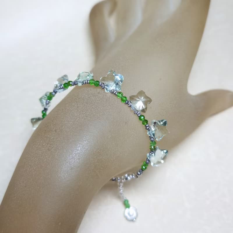 手鍊 綠紫晶 水晶 綠鉻透輝石 星星造型立體雕刻 玉片 925銀飾