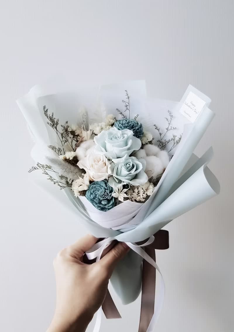 情人節|永生花+乾燥花│藍白玫瑰永生乾燥花花束│不凋花│