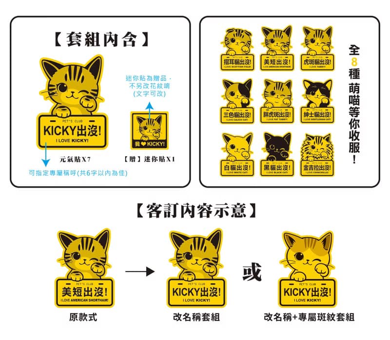 專屬名稱套組【喵咪注意】元氣創意貼/車貼 | 7張/組 |