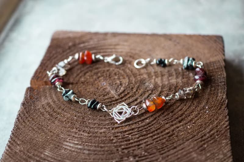 Root chakra stones bracelet, silver 925, carnelian, garnet, obsidian, tourmaline