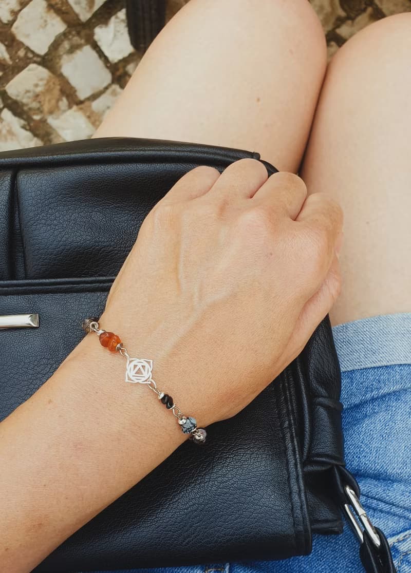 Root chakra stones bracelet, silver 925, carnelian, garnet, obsidian, tourmaline