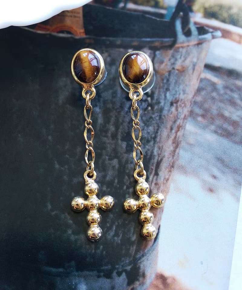 Vintage Jewelry 西洋古董飾品 小虎眼 垂墜金十字  針式耳環