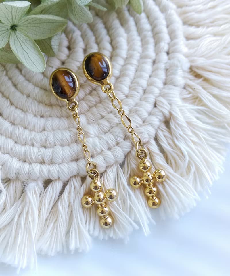 Vintage Jewelry 西洋古董飾品 小虎眼 垂墜金十字  針式耳環