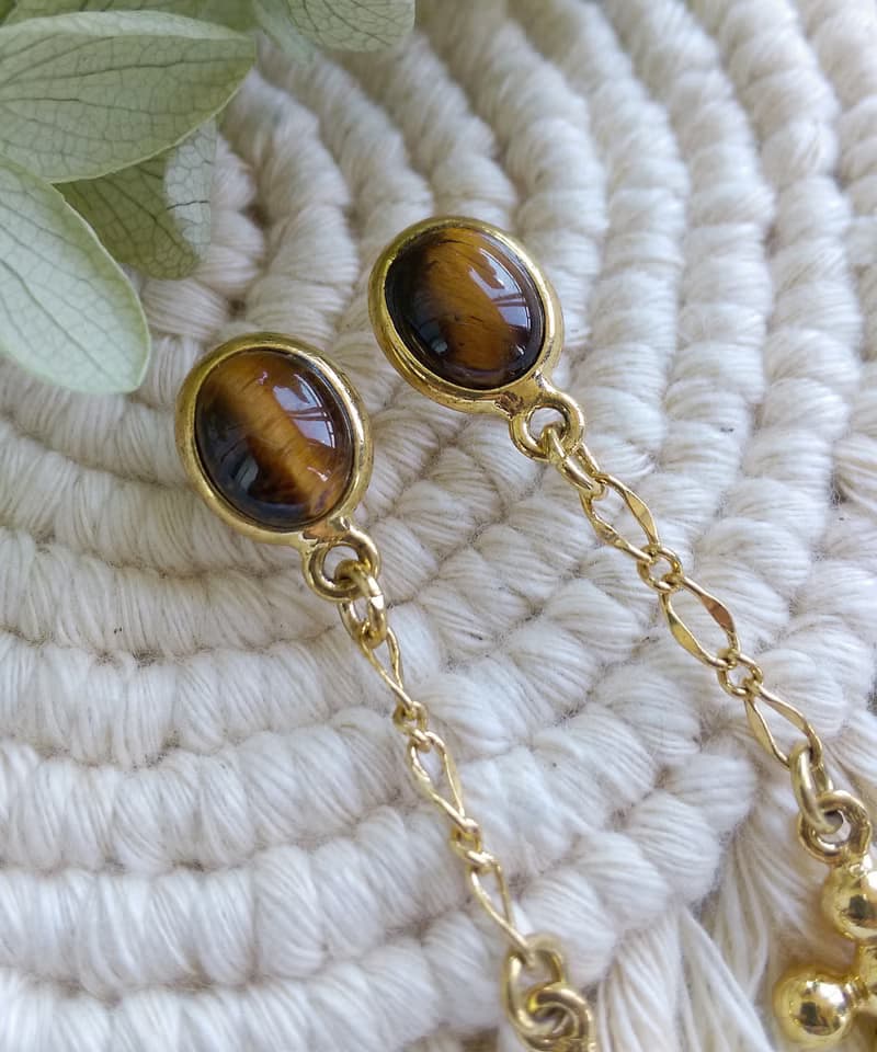Vintage Jewelry 西洋古董飾品 小虎眼 垂墜金十字  針式耳環