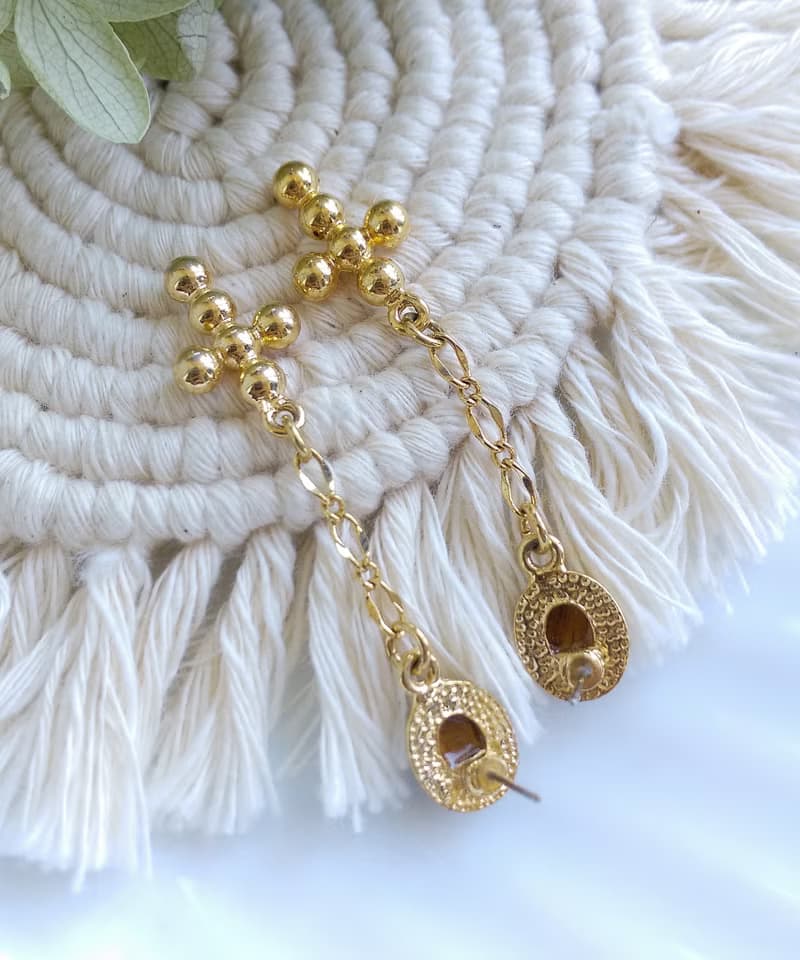 Vintage Jewelry 西洋古董飾品 小虎眼 垂墜金十字  針式耳環