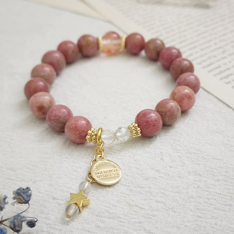 草莓拿鐵 薔薇輝/紅膠花/白水晶/月光石 天然石手鍊