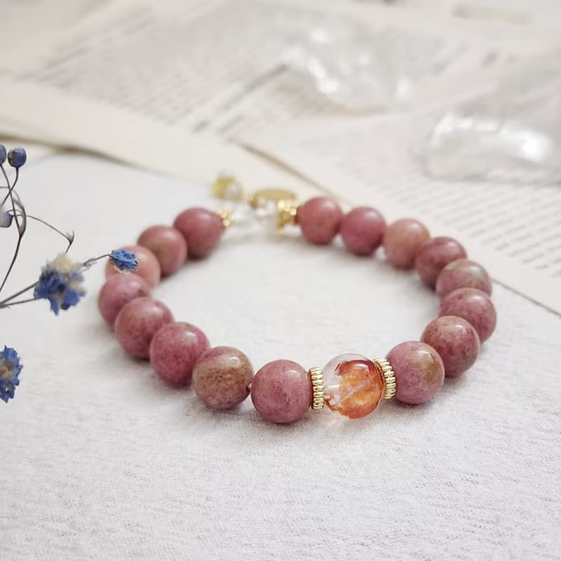 草莓拿鐵 薔薇輝/紅膠花/白水晶/月光石 天然石手鍊