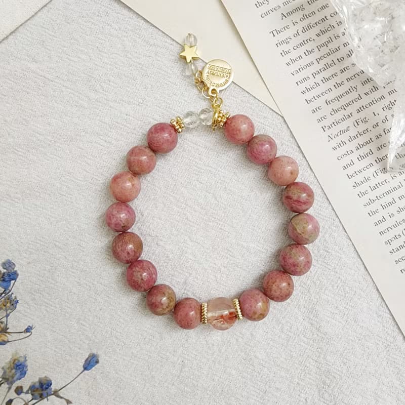 草莓拿鐵 薔薇輝/紅膠花/白水晶/月光石 天然石手鍊