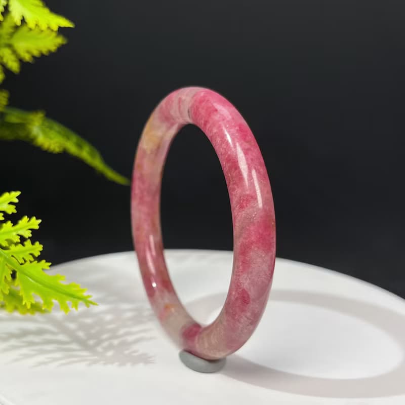 深玫粉薔薇輝手鐲53MM 水潤玉化閃片玫瑰石桃花玉手環 別致甜美
