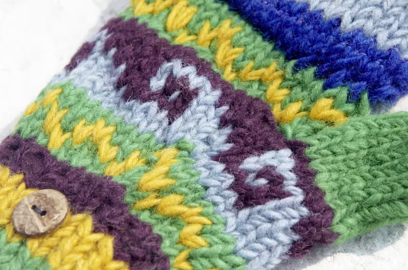 聖誕節禮物 創意禮物 限量一件手織純羊毛針織手套 / 可拆卸手套 / 內刷毛手套 / 保暖手套(made in nepal) - 南美魔幻 藍色森林 民族圖騰