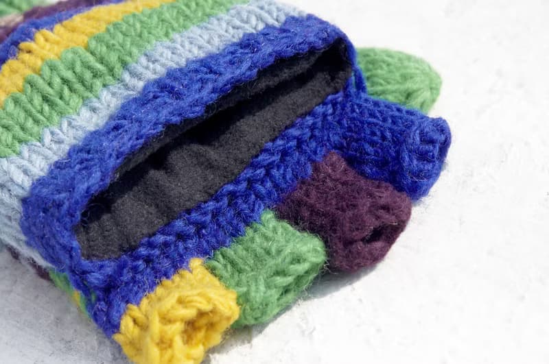 聖誕節禮物 創意禮物 限量一件手織純羊毛針織手套 / 可拆卸手套 / 內刷毛手套 / 保暖手套(made in nepal) - 南美魔幻 藍色森林 民族圖騰