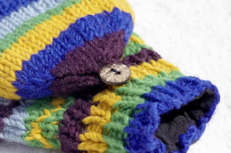 聖誕節禮物 創意禮物 限量一件手織純羊毛針織手套 / 可拆卸手套 / 內刷毛手套 / 保暖手套(made in nepal) - 南美魔幻 藍色森林 民族圖騰