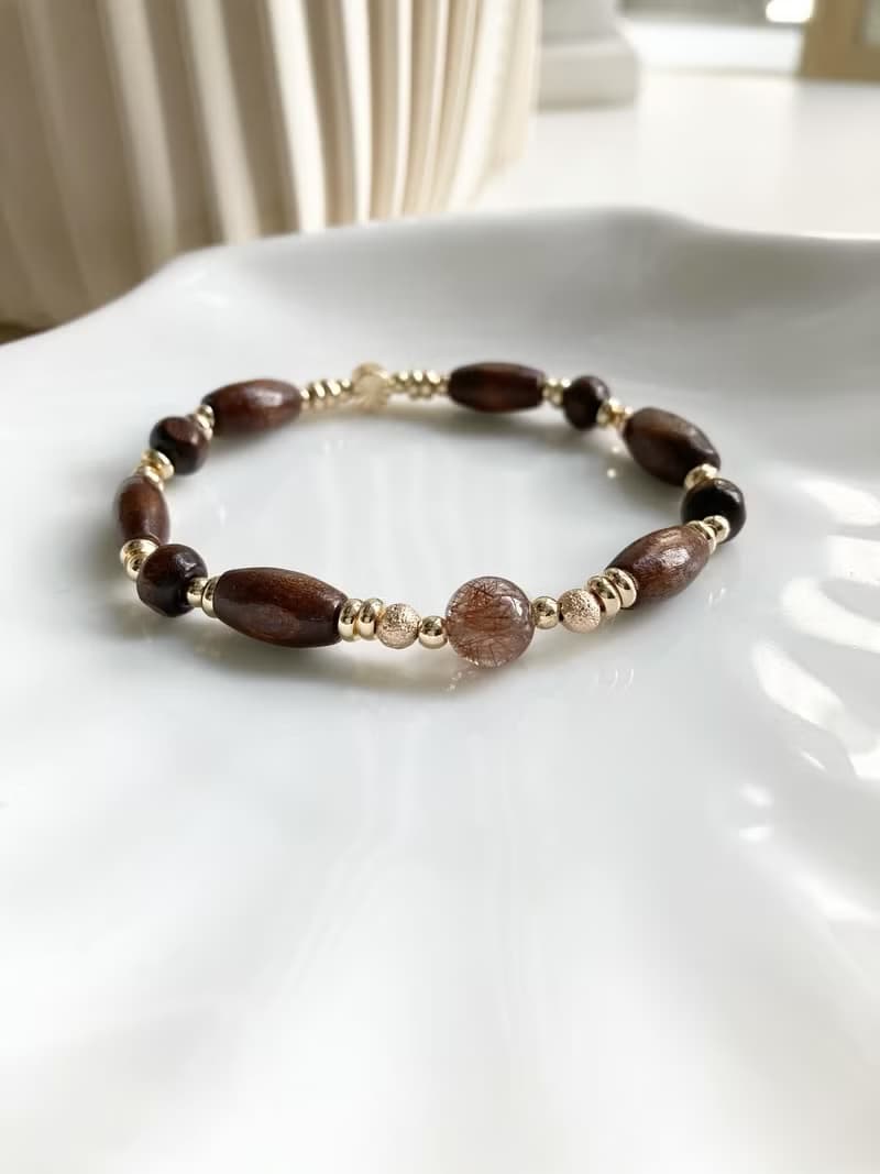 低調高級神秘感銅髮晶木珠水晶手鍊