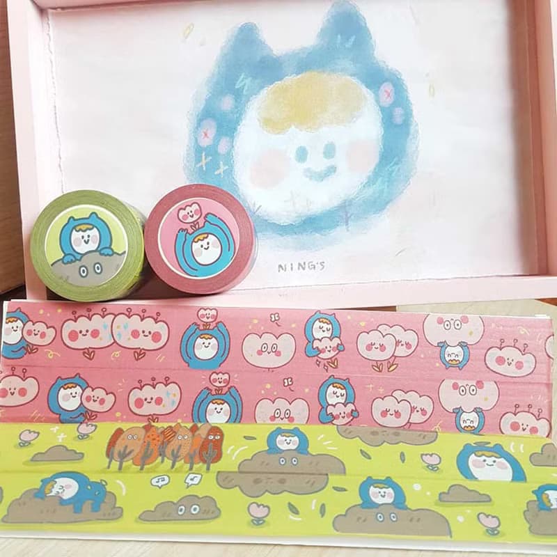 Ning's可愛小藍 娃娃+兩款紙膠帶(寬版)