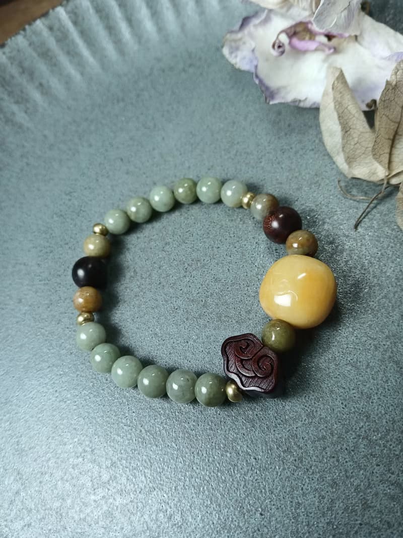 珠串雕刻手鍊-方圓無限 金絲玉+紫檀木+油青種緬甸玉