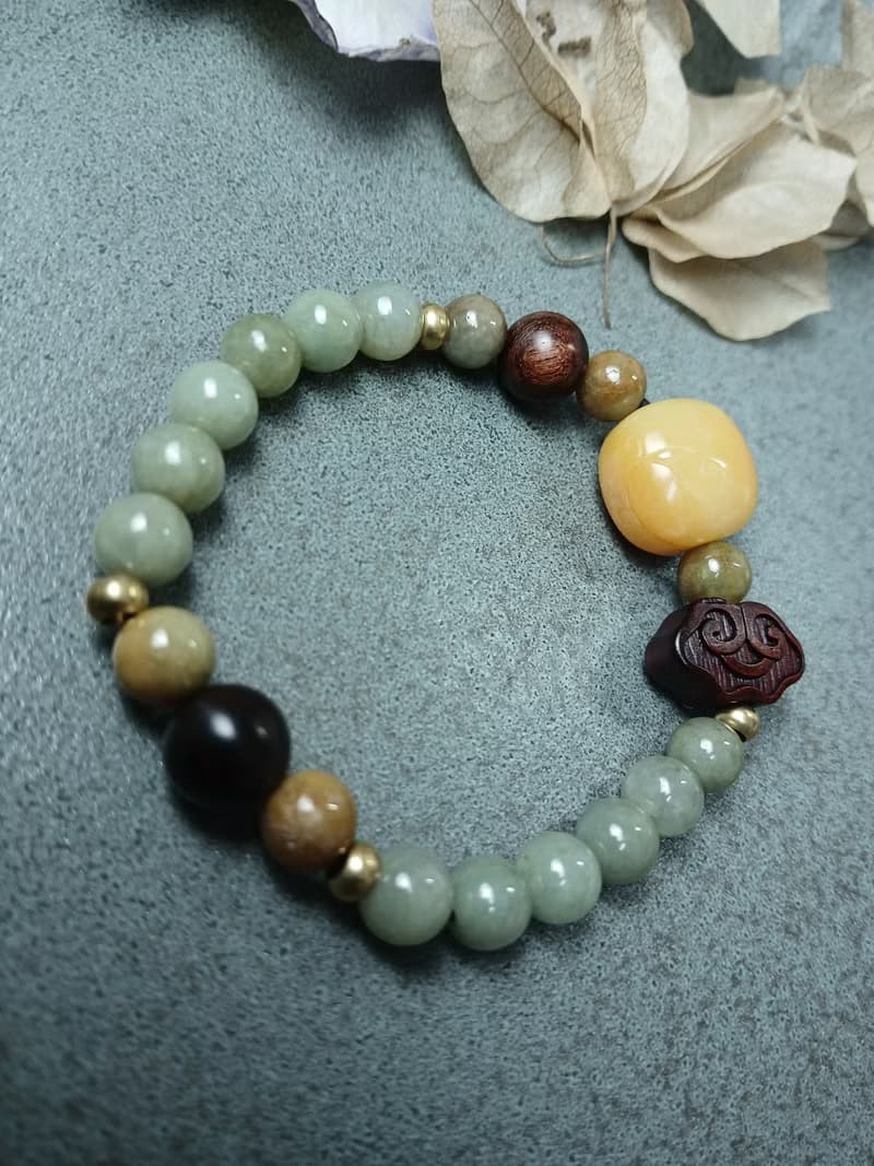珠串雕刻手鍊-方圓無限 金絲玉+紫檀木+油青種緬甸玉