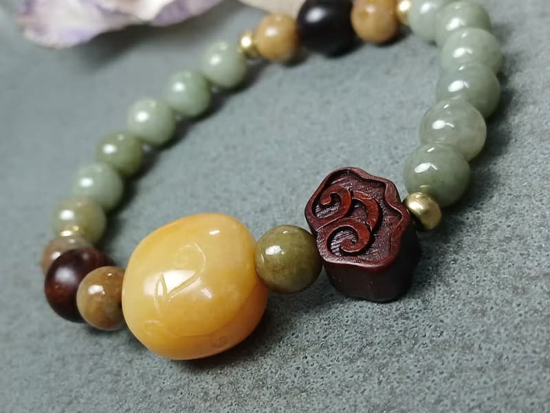 珠串雕刻手鍊-方圓無限 金絲玉+紫檀木+油青種緬甸玉